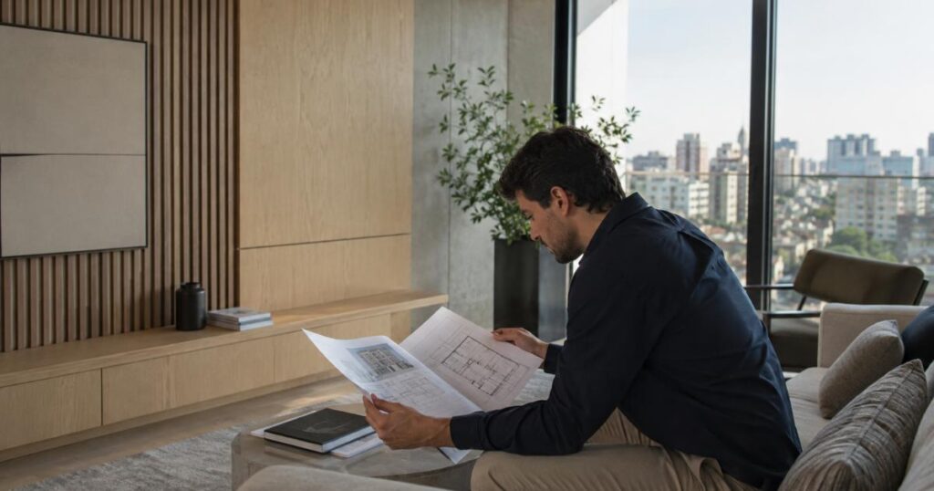 Conferindo os documentos do empreendimento.